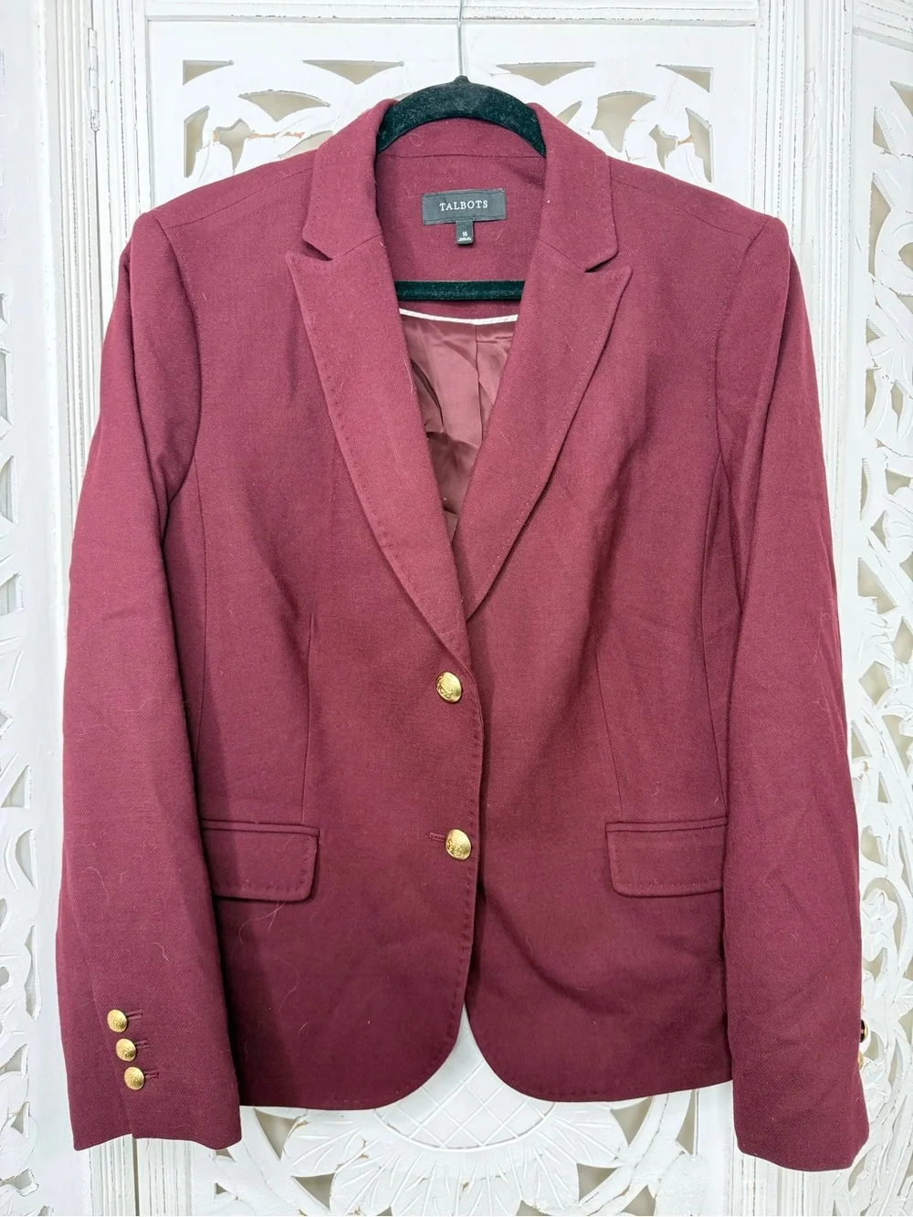 Talbots Wine-Red Wool Blend Blazer with Gold Buttons